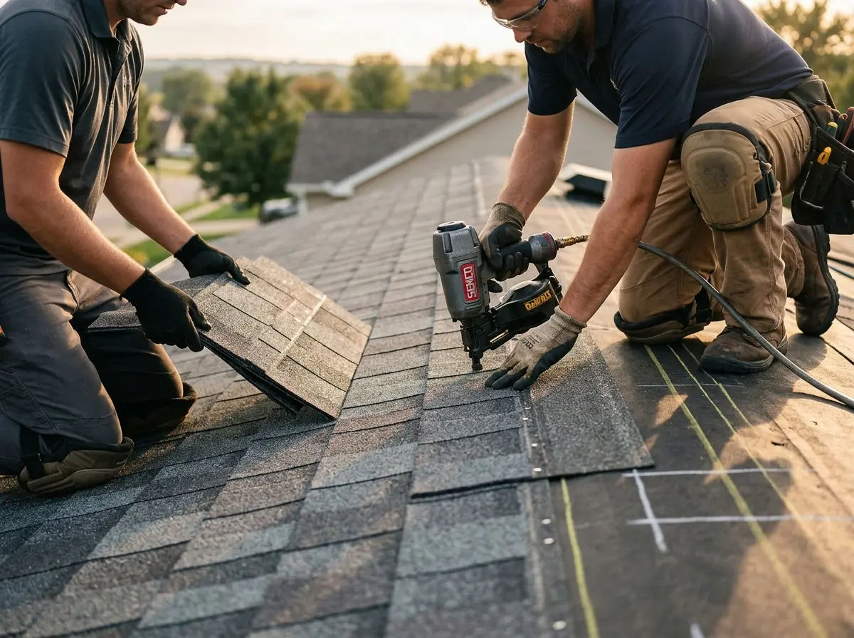 Professional roofer working on a residential roof in Orange